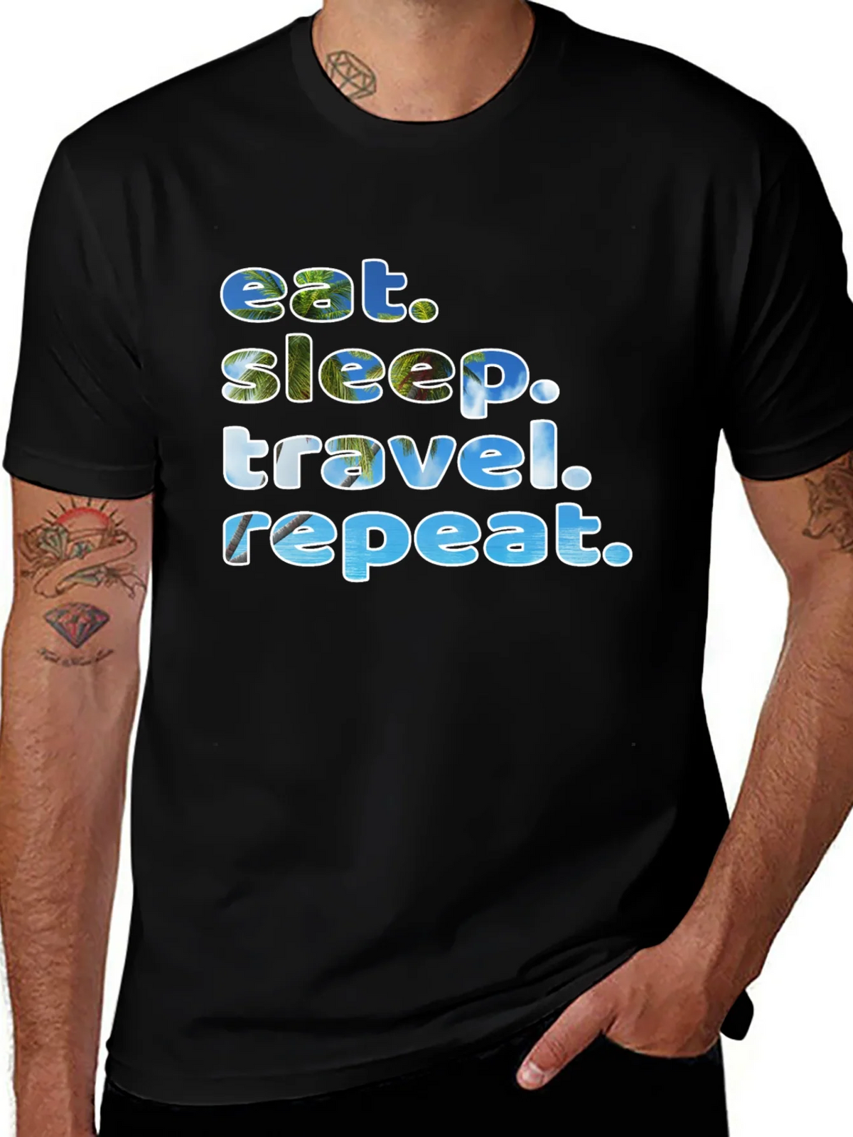 Eat Sleep Travel Repeat Black Graphic T-Shirt